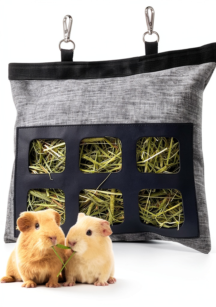 RAYFARMO hay feeder bag hanging in a small animal cage