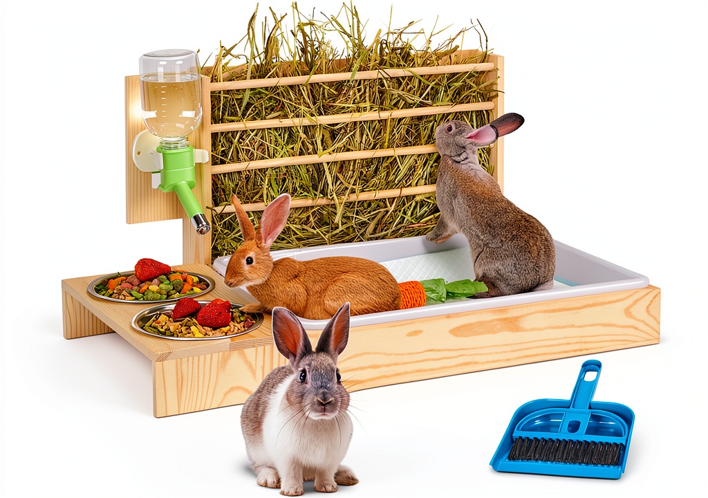 UNMOONY rabbit hay feeder placed inside a small animal cage