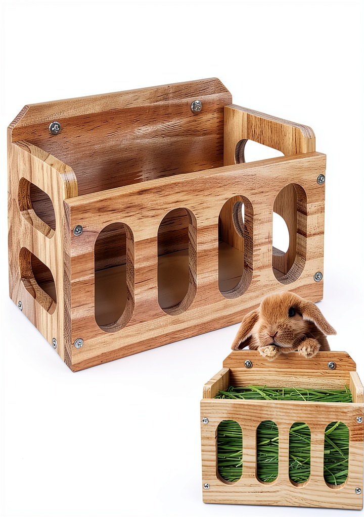 Wooden hay rack installed inside a rabbit cage