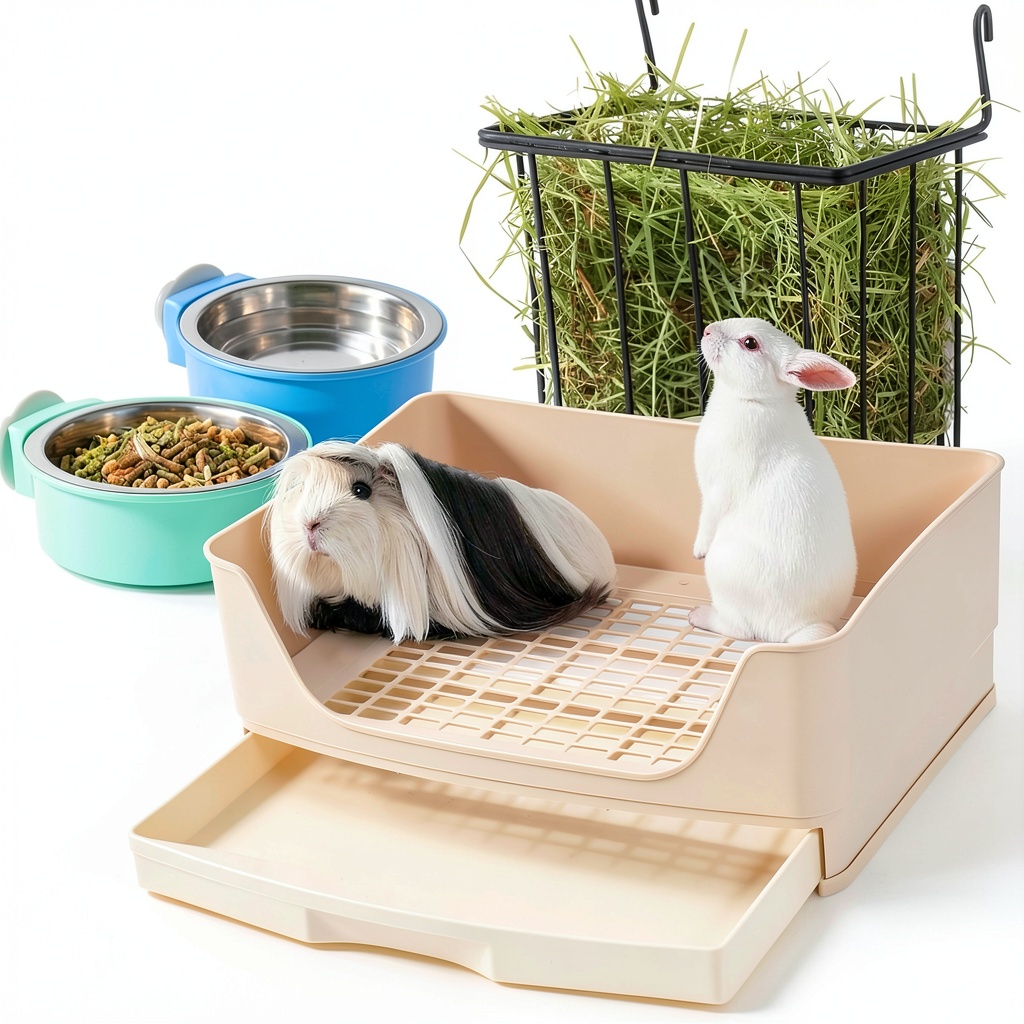 Leinuosen 3-in-1 rabbit litter box installed in a wire cage
