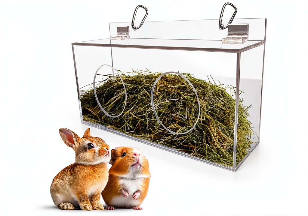 Rabbit feeding from Xymoso acrylic hay feeder in a cozy enclosure